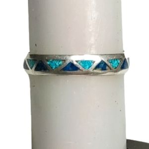 Sterling Silver Chip Turquoise Inlay Band Sz 10
